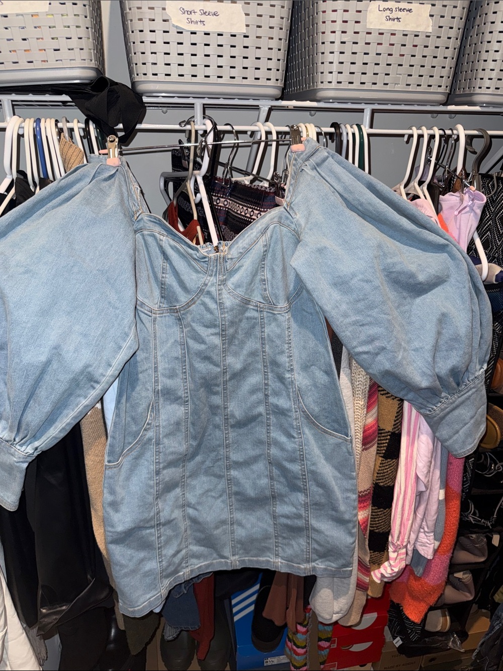 Women's Light Blue Denim Puff-Sleeve Tunic Top